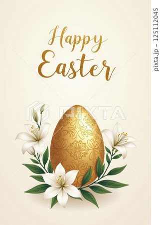 a vertical greeting card with big golden easter egg and spring flowers a vertical greeting card with big golden easter egg and spring flowers 125112045