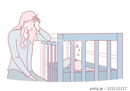 Tender Moments A New Mother Lovingly Watching Her Sleeping Baby Peacefully in Crib Tender Moments A New Mother Lovingly Watching Her Sleeping Baby Peacefully in Crib 125112217