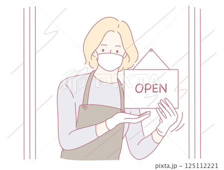 A Signage Indicating the Business is Open with a Staff Member Heralding a Warm Welcome A Signage Indicating the Business is Open with a Staff Member Heralding a Warm Welcome 125112221