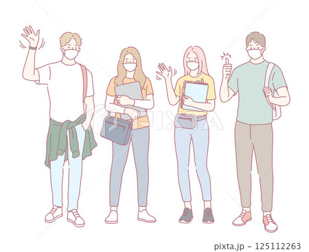 A Diverse Group of Students Joyfully Waving While Holding Their Notebooks and Bags 125112263