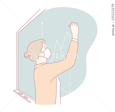 A businesswoman engaged in thorough analysis of data trends presented on a modern glass board 125112279