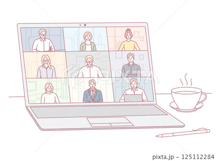 A virtual meeting featuring multiple participants engaging on a laptop screen interface setup A virtual meeting featuring multiple participants engaging on a laptop screen interface setup 125112284