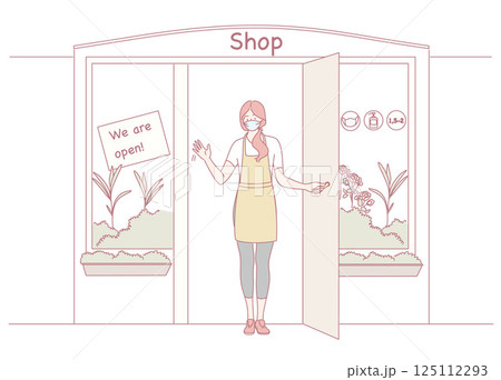 Welcoming Shopkeeper at Open Storefront Ready to Serve Customers with a Friendly Smile Welcoming Shopkeeper at Open Storefront Ready to Serve Customers with a Friendly Smile 125112293