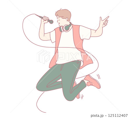An Energetic Singer Wearing Headphones Performing in a Dynamic, Expressive Pose on Stage 125112407