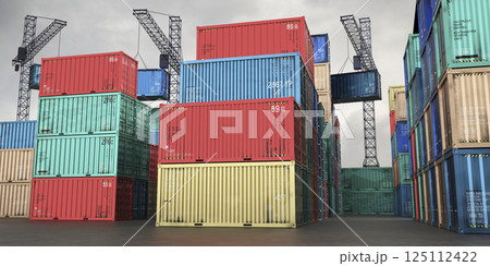 Shipping containers and cranes in cargo terminal - 3D illustration 125112422