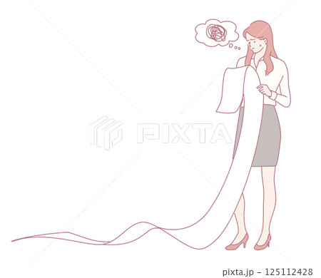 A woman with a long list is deep in contemplation, considering various innovative ideas 125112428