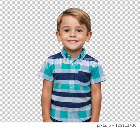 Young boy with bright blue eyes smiling in a checkered shirt against a plain background 125112436