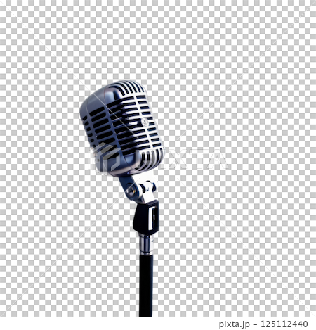 Vintage-style microphone on a stand against a plain background ready for a live performance Vintage-style microphone on a stand against a plain background ready for a live performance 125112440