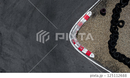 Top view curve asphalt race track, Race track with curve from drone, Race asphalt track and curve circuit asphalt race track. 125112688