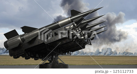 Five missiles on a launcher, smoke in background - 3D illustration 125112733