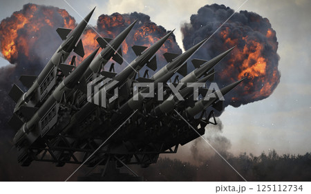 Many missiles on a launcher, explosions in background - 3D illustration 125112734
