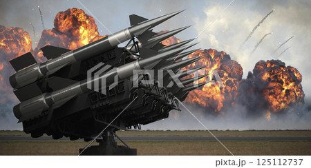 Many missiles on a launcher, explosions in background - 3D illustration Many missiles on a launcher, explosions in background - 3D illustration 125112737