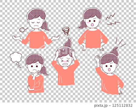 一組簡單的向量插圖，描繪了一位女性的各種姿勢 125112832