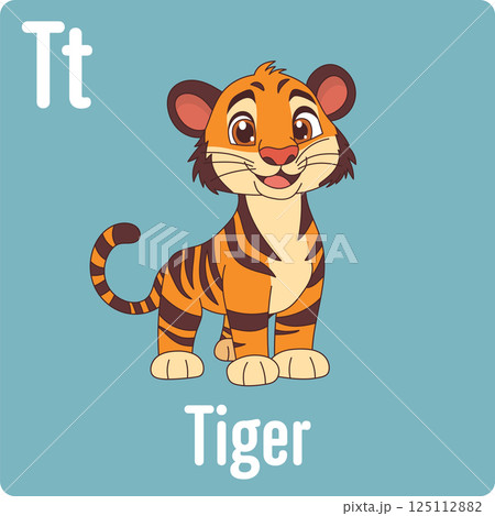 Cartoon of a friendly tiger with orange and brown stripes, standing on a blue background, next to the letter T for tiger in the alphabet. 125112882