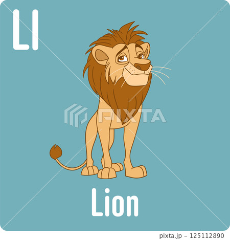 Stylized cartoon lion with golden mane, standing proudly on a solid blue background. Educational material for children. 125112890