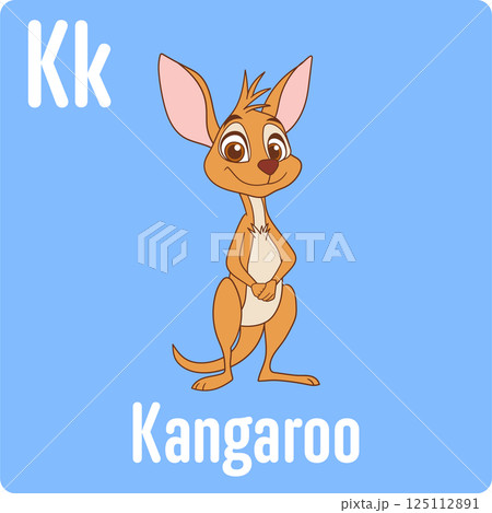 K is for Kangaroo: a charming cartoon marsupial against a soft blue backdrop, perfect for educational materials and children's content. 125112891