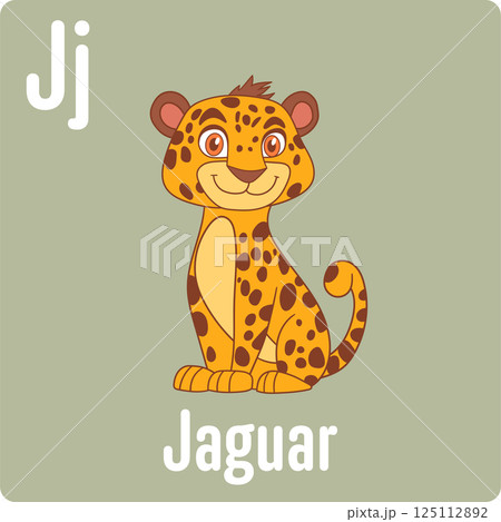A cartoon depiction of a jaguar with orange fur and brown spots, set against a muted green background with educational letter 'J'. A cartoon depiction of a jaguar with orange fur and brown spots, set against a muted green background with educational letter 'J'. 125112892