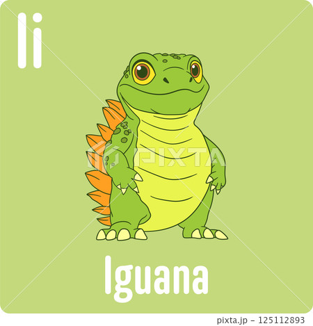 A cartoon iguana stands on a green background, its orange spikes contrasting with its green body and yellow belly. 125112893