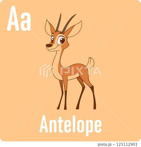 Cartoon antelope illustration with alphabet 'Aa'. Simple design, educational. Cute fawn illustration on peach background. Cartoon antelope illustration with alphabet 'Aa'. Simple design, educational. Cute fawn illustration on peach background. 125112901