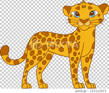 Cartoon illustration of a golden-yellow leopard with brown spots and bright blue eyes standing on a black background. 125112915