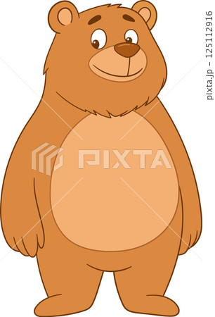 A friendly, cartoon-style bear with a warm smile stands upright, its brown fur soft and inviting, casting a playful, whimsical presence. A friendly, cartoon-style bear with a warm smile stands upright, its brown fur soft and inviting, casting a playful, whimsical presence. 125112916