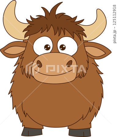 Cartoon depiction of a fluffy brown yak with large eyes and horns. The yak is drawn in a simple, friendly style on a black background. Cartoon depiction of a fluffy brown yak with large eyes and horns. The yak is drawn in a simple, friendly style on a black background. 125112918
