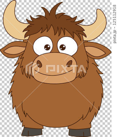 Cartoon depiction of a fluffy brown yak with large eyes and horns. The yak is drawn in a simple, friendly style on a black background. Cartoon depiction of a fluffy brown yak with large eyes and horns. The yak is drawn in a simple, friendly style on a black background. 125112918