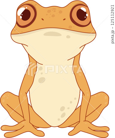 Illustration of a tan frog with big eyes, sitting with its legs spread, displaying its light-colored belly against a black background. 125112921