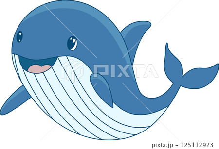 Cartoon whale with a friendly smile swims joyfully in the deep blue ocean, capturing the playful essence of marine life. Cartoon whale with a friendly smile swims joyfully in the deep blue ocean, capturing the playful essence of marine life. 125112923