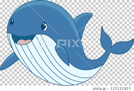 Cartoon whale with a friendly smile swims joyfully in the deep blue ocean, capturing the playful essence of marine life. Cartoon whale with a friendly smile swims joyfully in the deep blue ocean, capturing the playful essence of marine life. 125112923