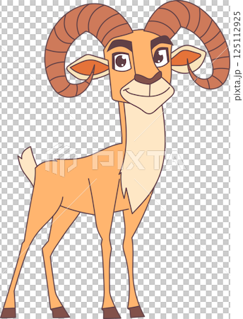 Cartoon ram character. The ram has big, curved horns and a gentle smile, depicted in a warm, inviting art style. Cartoon ram character. The ram has big, curved horns and a gentle smile, depicted in a warm, inviting art style. 125112925