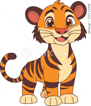 Cartoon tiger cub with orange fur and dark stripes stands cheerfully, tail curled, inviting smiles. Cute predator depiction. 125112926