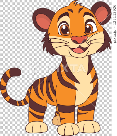 Cartoon tiger cub with orange fur and dark stripes stands cheerfully, tail curled, inviting smiles. Cute predator depiction. 125112926