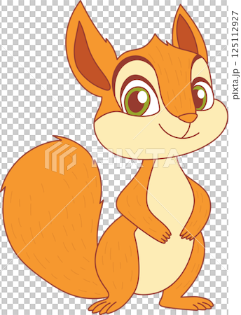 A charming cartoon squirrel with a fluffy tail, big green eyes, and a sweet smile, rendered in warm orange and beige tones. Simple animation. A charming cartoon squirrel with a fluffy tail, big green eyes, and a sweet smile, rendered in warm orange and beige tones. Simple animation. 125112927