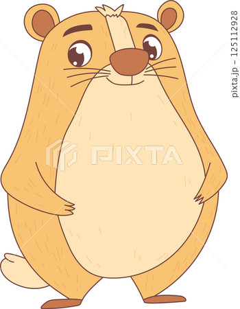 Cartoon portrayal of a stout, cheerful groundhog standing with its front paws tucked towards its belly. The illustration has a clean aesthetic. 125112928
