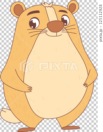 Cartoon portrayal of a stout, cheerful groundhog standing with its front paws tucked towards its belly. The illustration has a clean aesthetic. 125112928