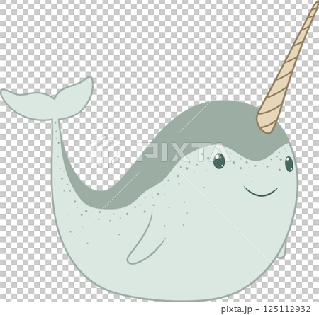 A cartoon narwhal with a long, spiraled tusk, smiling, and depicted with simple shapes and light blue color, against a plain black background. 125112932