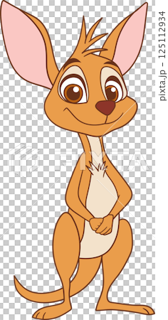 Cartoon kangaroo character with a warm smile, inviting big eyes, and a gentle stance. He is standing in a simple pose, a sweet face. 125112934