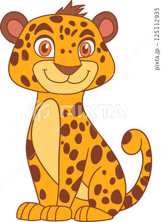 Adorable cartoon cheetah sitting upright, featuring bright orange spots, big eyes, and a friendly smile. Perfect for children's illustrations. Adorable cartoon cheetah sitting upright, featuring bright orange spots, big eyes, and a friendly smile. Perfect for children's illustrations. 125112935