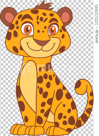 Adorable cartoon cheetah sitting upright, featuring bright orange spots, big eyes, and a friendly smile. Perfect for children's illustrations. Adorable cartoon cheetah sitting upright, featuring bright orange spots, big eyes, and a friendly smile. Perfect for children's illustrations. 125112935