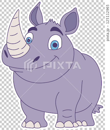 A whimsical cartoon rhinoceros with a friendly smile and big blue eyes, rendered in soft pastel colors, stands against a transparent backdrop. A whimsical cartoon rhinoceros with a friendly smile and big blue eyes, rendered in soft pastel colors, stands against a transparent backdrop. 125112965