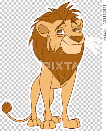 Cartoon lion with brown mane and fur standing upright and looking slightly upward with a thoughtful expression on a black backdrop. 125112971