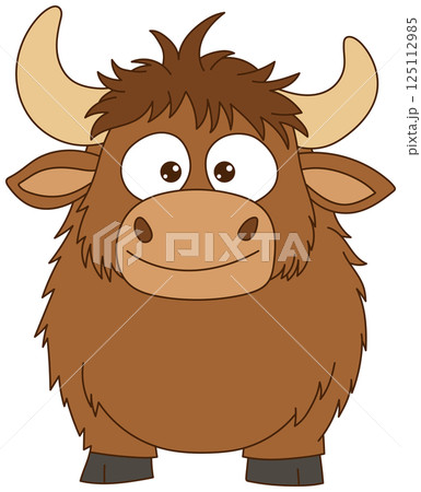 Cartoon Yak: A friendly, cartoon-style yak with a fluffy brown coat, big eyes, and horns, set against a plain background for simple viewing. 125112985