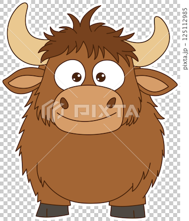 Cartoon Yak: A friendly, cartoon-style yak with a fluffy brown coat, big eyes, and horns, set against a plain background for simple viewing. 125112985