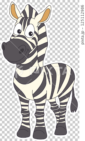 Cute cartoon zebra with wide eyes and a smile. Character with gray stripes and tan skin, standing on all four legs. Cute cartoon zebra with wide eyes and a smile. Character with gray stripes and tan skin, standing on all four legs. 125112986