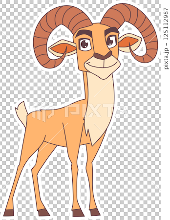 Stylized cartoon illustration of a ram standing on a black background, with a cartoonish style, orange fur, and white outlining. Stylized cartoon illustration of a ram standing on a black background, with a cartoonish style, orange fur, and white outlining. 125112987
