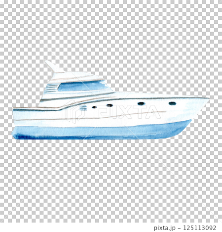 Yacht watercolor illustration isolated on white. Hand painted clip art perfect for for cards, banners, advertisements, invitations, guides, maps and books. Travel, voyage design. Blue white monochrome 125113092