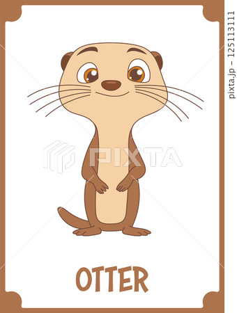 A cute cartoon otter stands upright with a friendly expression, presented on a card with rounded brown border, inviting play and learning. 125113111