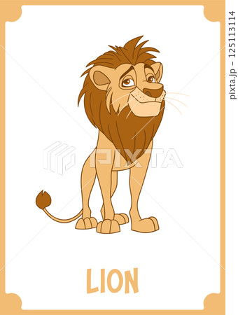 A cheerful cartoon illustration of a tan lion with a dark brown mane, standing on a white background with an orange border, is presented. 125113114