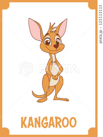A friendly cartoon kangaroo stands smiling on a white background with an orange frame, radiating warmth and playful charm. 125113115